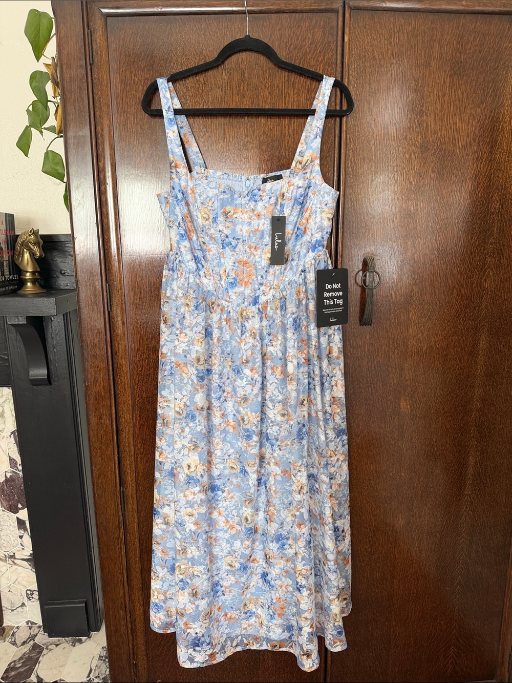 (NWT) Lulu's Light Blue Floral Midi Dress with Peach Accents
